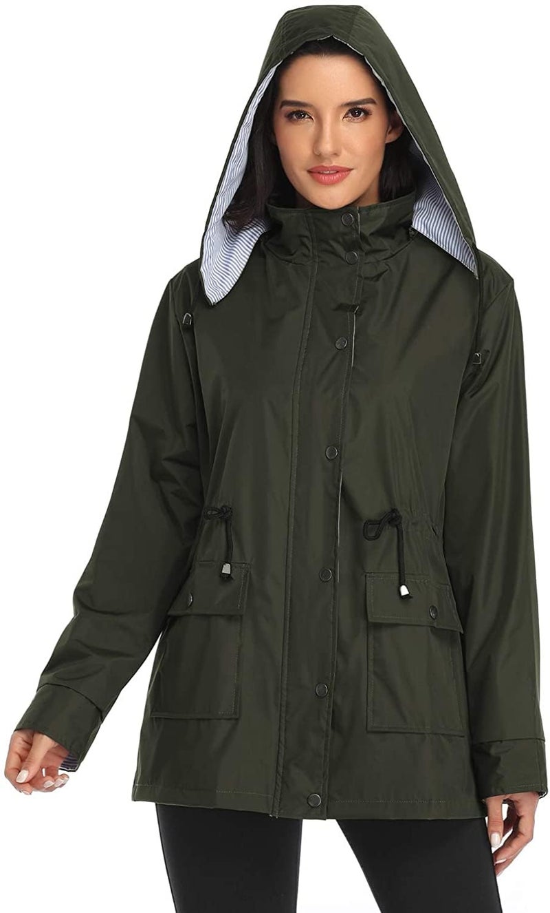 Arthas Women Light Rain Jacket Waterproof Active Outdoor Trench Raincoat with Hood Lightweight Plus Size for Girls (Army Green, M) - Image 2